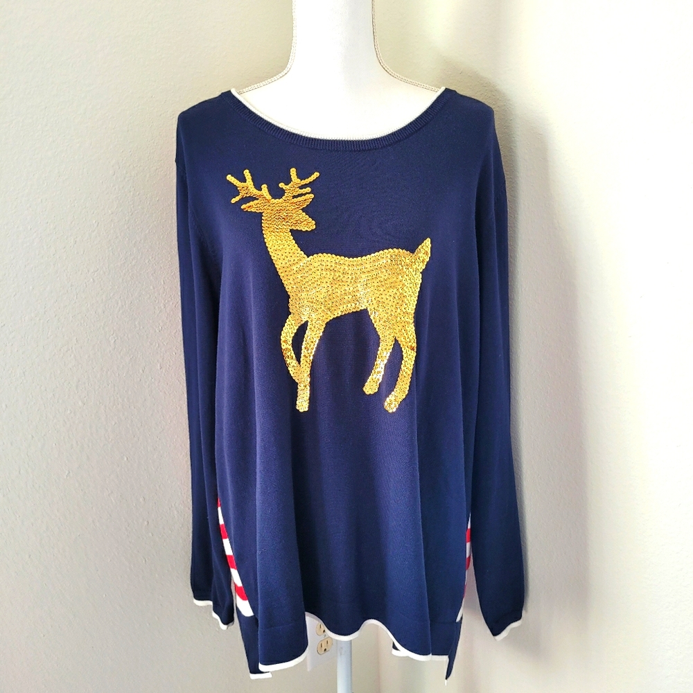 Crown & Ivy Striped Sequined Reindeer Tunic